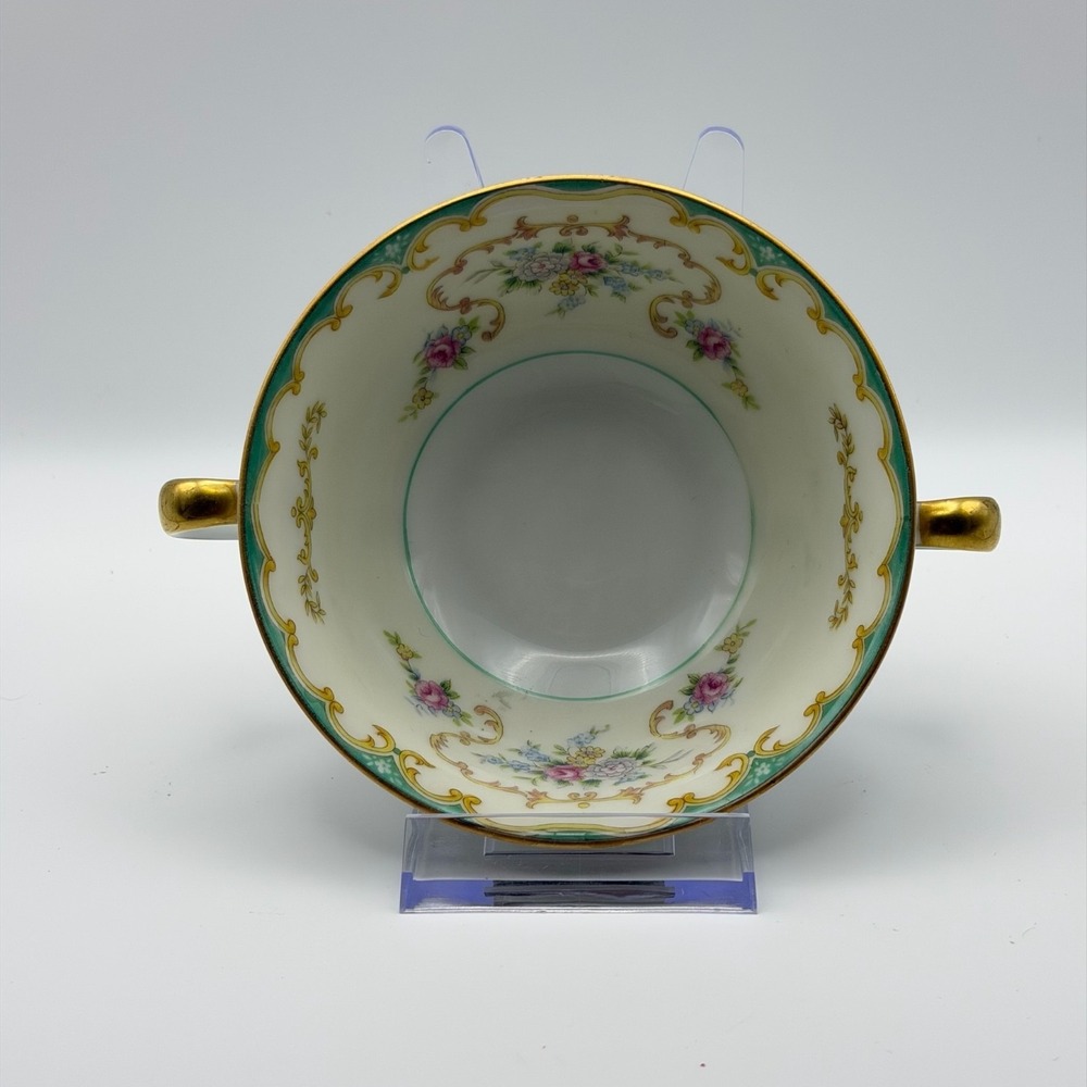 4 Vintage Noritake Soup Bowls Double Handle Floral Gold Green Trim Japan N238